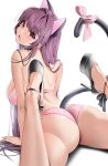  1girl animal_ears ass black_footwear bra breasts cat_ears cat_tail damda eyebrows_visible_through_hair fake_animal_ears fake_tail fang fate/grand_order fate_(series) large_breasts long_hair looking_at_viewer open_mouth panties pink_bra pink_panties pink_ribbon purple_hair red_eyes ribbon scathach_(fate) shoes simple_background skin_fang solo tail tail_ornament tail_ribbon toe_cleavage underwear white_background 