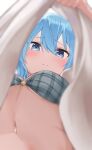  1girl absurdres ayama_nano bangs blue_eyes blue_hair blurry blurry_foreground blush bra breasts closed_mouth clothes_lift commentary depth_of_field eyebrows_visible_through_hair from_below grey_bra hair_between_eyes highres hololive hoshimachi_suisei lifted_by_self looking_at_viewer looking_down navel plaid plaid_bra shirt shirt_lift small_breasts solo underwear upshirt virtual_youtuber white_shirt 