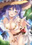  1girl aqua_eyes bare_shoulders belt bent_over bikini blush braid breasts brown_belt cleavage cowboy_shot flower hair_between_eyes hat highres jewelry large_breasts large_hat long_hair looking_at_viewer necklace off_shoulder outdoors outstretched_hand parted_lips princess_connect! purple_hair rumiko_(rmeco) shizuru_(princess_connect!) smile solo straw_hat swimsuit thigh_gap thighs twin_braids white_bikini 