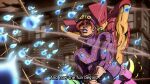  1boy araki_hirohiko_(style) diego_brando fake_screenshot gloves grandguerrilla grey_gloves horse horseback_riding jojo_no_kimyou_na_bouken jojo_pose male_focus official_style pants pink_pants pose pouch purple_shirt red_eyes riding shirt smile spoilers stand_(jojo) steel_ball_run subtitled the_world 