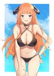  1girl :d absurdres arknights ass_visible_through_thighs bagpipe_(arknights) bangs bare_arms bare_shoulders bikini black_bikini black_choker blunt_bangs blush breasts bright_pupils choker cleavage collarbone commentary criss-cross_halter dragon_horns eyebrows_visible_through_hair halterneck hand_on_hip hand_on_own_thigh highres horns karacak large_breasts leaning_forward looking_at_viewer navel open_mouth orange_hair purple_eyes side-tie_bikini smile solo string_bikini swimsuit 