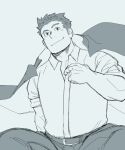 1boy bara belt feet_out_of_frame head_tilt itto_(mentaiko) jacket jacket_on_shoulders looking_at_viewer male_focus master_3_(housamo) monochrome muscular muscular_male partially_unbuttoned short_hair sideburns sketch smile solo tokyo_afterschool_summoners undressing unfinished 