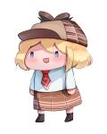  1girl :d bangs black_footwear blonde_hair blue_eyes brown_headwear brown_skirt checkered checkered_skirt chibi commentary deerstalker detective english_commentary fian_f.n hat hololive hololive_english long_sleeves necktie open_mouth parody red_necktie shirt skirt smile smol_ame solo style_parody transparent_background virtual_youtuber walfie_(style) watson_amelia white_shirt 