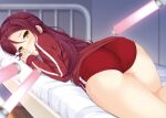  1girl ass bed blurry blush buruma commentary depth_of_field gym_uniform highres hino_minato_(spec.c) jacket light_stick long_hair long_sleeves looking_at_viewer looking_back love_live! love_live!_sunshine!! lying on_bed on_stomach open_mouth penlight red_hair sakurauchi_riko sexually_suggestive sidelocks sleeves_past_wrists solo spoon symbol-only_commentary thighs track_jacket yellow_eyes 