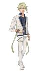  1boy :d alternate_costume amami_rantarou bangs belt collarbone commentary_request danganronpa_(series) danganronpa_v3:_killing_harmony ear_piercing full_body green_eyes green_hair hair_between_eyes highres jacket jewelry leonham_(ila_55555) long_sleeves looking_at_viewer male_focus necklace open_clothes open_jacket open_mouth pants piercing ring shirt short_hair simple_background smile solo standing striped striped_shirt teeth upper_teeth v white_background white_footwear white_jacket white_pants 