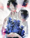  2boys bangs black_background black_hair blue_flower bouquet closed_eyes closed_mouth collarbone commentary dual_persona facing_viewer flower furuta_nimura grey_background hair_over_one_eye highres holding holding_bouquet holding_hands koujima_shikasa multiple_boys red_background shiny shiny_hair short_hair symbol-only_commentary tokyo_ghoul tokyo_ghoul:re upper_body white_robe younger 