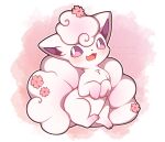  alolan_vulpix artist_name blush commentary english_commentary flower full_body happy highres looking_at_viewer no_humans open_mouth outline pink_background pink_eyes pink_flower pokemon pokemon_(creature) sevi_(seviyummy) smile solo watermark white_background white_outline 