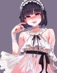  1girl asanagi bare_shoulders black_hair dark_background dress earrings eyebrows_visible_through_hair fangs headband highres jewelry mole mole_under_eye navel open_mouth original red_eyes ribbon simple_background smile teeth zip-tie 