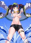  1girl arms_up bare_shoulders bikini black_hair black_shorts blue_hair blush breasts cleavage fate/grand_order fate_(series) green_headwear grin headphones headphones_around_neck highres jacket kurosawa_rui_(hjkl42332) large_breasts long_hair long_sleeves looking_at_viewer multicolored_hair navel off_shoulder open_clothes open_jacket red_hair sei_shounagon_(fate) sei_shounagon_(swimsuit_berserker)_(fate) short_shorts shorts sidelocks smile solo swimsuit thigh_strap thighs twintails visor_cap water white_bikini white_jacket yellow_eyes 