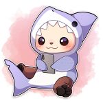  :3 absurdres animal animal_costume animal_hood black_eyes blush commentary commission english_commentary fish_tail highres holding holding_phone hood no_humans original phone pink_background sea_otter sevi_(seviyummy) shark_costume shark_hood shark_tail sitting smile tail white_background 