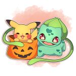  absurdres blush_stickers bulbasaur closed_eyes commentary commission facing_viewer halloween_bucket happy heart heart_print highres looking_at_viewer no_humans open_mouth pikachu pokemon pokemon_(creature) red_background red_eyes sevi_(seviyummy) smile watermark white_background 