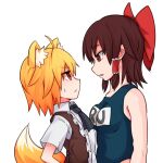 ahoge animal_ear_fluff animal_ears asymmetrical_docking bangs black_necktie blonde_hair bow breast_press breasts brown_eyes brown_hair brown_skirt brown_vest closed_mouth collared_shirt commentary_request cookie_(touhou) eyebrows_visible_through_hair fox_ears fox_girl fox_tail frilled_hair_tubes frills hair_between_eyes hair_bow hair_tubes hakurei_reimu looking_at_another medium_breasts medium_hair miramikaru_riran necktie open_mouth red_eyes reu_(cookie) school_swimsuit shirt short_sleeves simple_background skirt swimsuit tail touhou upper_body vest white_background white_shirt yan_pai 