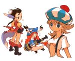  3girls animal_ears ass black_eyes blonde_hair blue_eyes braid breasts breath_of_fire breath_of_fire_iii breath_of_fire_iv brown_hair bun_cover closed_mouth dress glasses gloves gun hat highres izuna_yoshitsune long_hair momo_(breath_of_fire) multiple_girls navel open_mouth orange_hair oshieta_girl rabbit_ears red_eyes robe shirt simple_background suspenders tail ursula_(breath_of_fire) weapon white_background white_shirt 