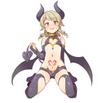  1girl :d @_@ bad_id bad_pixiv_id bangs bare_shoulders black_footwear black_legwear black_wings blush boots bridal_gauntlets brown_eyes brown_hair clothing_cutout demon_girl demon_horns demon_tail demon_wings earrings eyebrows_visible_through_hair full_body greyscale heart_cutout holding_tail horns idolmaster idolmaster_cinderella_girls jewelry long_hair looking_at_viewer monochrome morikubo_nono navel nose_blush open_mouth pubic_tattoo ringlets simple_background sitting smile solo tail tattoo thighhighs thighhighs_under_boots uccow wariza white_background wings 