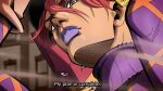  1boy araki_hirohiko_(style) diego_brando fake_screenshot grandguerrilla hair_between_eyes hat jojo_no_kimyou_na_bouken lipstick makeup male_focus official_style parted_lips purple_lips purple_shirt red_eyes red_hair sanpaku shirt spoilers stand_(jojo) steel_ball_run subtitled the_world 