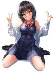  1girl bangs bare_shoulders black_hair blue_legwear blue_skirt blue_swimsuit blush bow bowtie breasts brown_eyes double_v dress_shirt hands_up head_tilt high-waist_skirt highres kneehighs light_smile loafers looking_at_viewer medium_breasts off_shoulder one-piece_swimsuit open_clothes open_shirt original pleated_skirt red_bow red_bowtie ribbed_legwear school_swimsuit school_uniform shirt shoes simple_background sitting skirt solo spread_legs striped striped_bow striped_bowtie swimsuit swimsuit_under_clothes taut_clothes taut_swimsuit v wariza white_shirt yukemuriganmo 