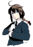  1girl ahoge artist_name black_necktie blue_eyes braid brown_hair buttons chagen_kokimu closed_mouth collared_shirt cropped_torso formal gloves hair_flaps kantai_collection long_hair long_sleeves necktie remodel_(kantai_collection) shigure_(kancolle) shirt signature simple_background single_braid solo suit upper_body white_background white_gloves white_shirt 