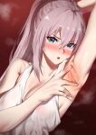  1girl absurdres arm_up armpit_focus armpits bangs bare_shoulders blush camisole commentary_request dutch_angle eyebrows_visible_through_hair green_eyes highres light_particles long_hair looking_at_viewer open_mouth pink_hair ramanda red_background shionne_(tales) sidelocks sleeveless spread_armpit steaming_body tales_of_(series) tales_of_arise 
