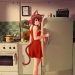  1girl 2ch.ru absurdres animal_ear_fluff animal_ears apple bangs bare_arms bare_shoulders blush braid brown_eyes brown_hair cat_ears cat_girl cat_tail clock clothes_pin commentary cup cutting_board dress english_commentary everlasting_summer food fruit grater hair_between_eyes highres indoors kitchen ladle long_hair mug pot red_dress refrigerator side_braid sleeveless sleeveless_dress smile solo stove tail tail_through_clothes uvao-tan wall_clock wlper 