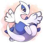  absurdres blue_eyes blush brown_background commentary english_commentary fang full_body gradient gradient_background highres lugia no_humans outline pink_background pokemon pokemon_(creature) sevi_(seviyummy) skin_fang white_background white_outline wings 