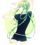  1other androgynous arms_up belt black_shorts closed_mouth collar commentary_request earth4120 from_behind gem_uniform_(houseki_no_kuni) green_eyes green_hair green_nails highres houseki_no_kuni jade_(houseki_no_kuni) korean_commentary long_hair looking_to_the_side nail_polish shirt short_sleeves shorts sidelocks simple_background solo standing white_belt white_shirt 