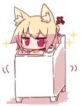  1girl animal_ear_fluff animal_ears bangs bare_shoulders bathing bathtub blonde_hair blush borrowed_character claw_foot_bathtub collarbone commentary eyebrows_visible_through_hair folded_ponytail fox_ears fox_girl hair_bun hair_ornament hair_stick half_updo highres in_container jaggy_line jitome kemomimi-chan_(naga_u) looking_at_viewer motion_lines naga_u_(style) nude original parody red_eyes sanzui shadow sidelocks simple_background solo sparkle style_parody washing_machine white_background 