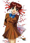  1990s_(style) 1girl arms_behind_back bangs bow bowtie branch brown_skirt cowboy_shot eyebrows_visible_through_hair folding_fan fushigi_yuugi hair_ribbon hand_fan holding holding_fan long_sleeves looking_at_viewer miniskirt official_art open_mouth petals pleated_skirt red_hair retro_artstyle ribbon skirt solo yuuki_miaka 