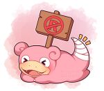  &gt;_&lt; :d artist_name bandaged_tail blush commentary english_commentary fangs full_body highres lying no_humans notice_lines on_stomach open_mouth outline pokemon pokemon_(creature) sevi_(seviyummy) sign slowpoke smile team_rocket watermark white_outline 