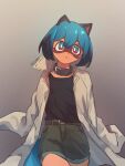  1girl animal_ears belt black_hair black_shirt blue_eyes blue_hair brand_new_animal brown_belt coat cosplay cowboy_shot furry furry_female green_shorts grey_background hair_between_eyes highres i4_kan kagemori_michiru multicolored_eyes multicolored_hair ogami_shirou ogami_shirou_(cosplay) open_clothes open_coat pink_eyes raccoon_ears raccoon_girl raccoon_tail shirt short_hair shorts simple_background solo tail two-tone_hair white_coat 