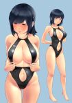  1girl bangs bare_shoulders barefoot black_eyes black_hair black_swimsuit blue_background blush breasts cleavage cleavage_cutout clothing_cutout collarbone commentary competition_swimsuit full_body hair_down highres kantai_collection large_breasts long_hair looking_at_viewer multiple_views navel navel_cutout one-piece_swimsuit open_mouth simple_background souryuu_(kancolle) standing swimsuit thighs upper_body wa_(genryusui) 