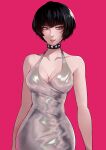  1girl absurdres arms_at_sides bare_shoulders black_hair blueriest breasts cleavage closed_mouth commentary cowboy_shot dress english_commentary halter_dress halterneck highres large_breasts persona persona_5 photoshop_(medium) pink_background pink_lips red_eyes revision shiny shiny_clothes short_hair silver_dress simple_background solo standing studded_choker takemi_tae 