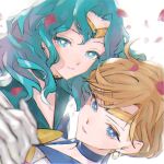  2girls bishoujo_senshi_sailor_moon blonde_hair blue_eyes blue_sailor_collar choker closed_mouth earrings gloves highres jewelry kaiou_michiru kazama_raita long_hair looking_at_viewer magical_girl multiple_girls sailor_collar sailor_neptune sailor_senshi sailor_senshi_uniform sailor_uranus short_hair simple_background smile ten&#039;ou_haruka very_short_hair white_background white_gloves 