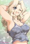  1girl ;d armpits arms_behind_head arms_up blonde_hair blue_eyes breasts camisole casual cleavage eyebrows_visible_through_hair girls_und_panzer hair_intakes kay_(girls_und_panzer) large_breasts long_hair looking_at_viewer nakasawa_kei one_eye_closed open_mouth smile solo twitter_username 