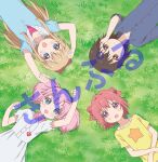  4girls absurdres akaza_akari arm_up arms_up artist_request bangs blonde_hair blue_eyes blue_shirt blunt_bangs bow brown_eyes brown_hair buttons clenched_hand closed_mouth collarbone collared_shirt double_bun dress dress_shirt eyebrows_visible_through_hair funami_yui grass hair_between_eyes hair_bobbles hair_bow hair_ornament hand_on_own_face heart highres long_sleeves lying multiple_girls official_art on_back on_grass open_mouth outdoors pink_hair puffy_short_sleeves puffy_sleeves purple_eyes red_hair sample shirt short_sleeves sleeves_rolled_up star_(symbol) toshinou_kyouko upper_body white_dress yellow_shirt yoshikawa_chinatsu yuru_yuri 