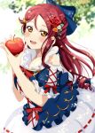  1girl apple bangs birthday blonde_hair blush collarbone commentary_request flower food fruit hair_flower hair_ornament highres long_hair looking_at_viewer love_live! love_live!_school_idol_festival_all_stars love_live!_sunshine!! ranemu red_eyes sakurauchi_riko sidelocks smile solo 