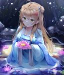  1girl ahoge animal bangs blue_ribbon blurry blurry_background blush breasts brown_hair chinese_clothes cleavage closed_mouth commentary_request double_bun eyebrows eyebrows_visible_through_hair fish flower flower_on_liquid girls&#039;_frontline grass green_eyes hair_ornament hair_over_shoulder hair_ribbon hairclip hanfu head_tilt highres holding holding_flower itou_kanae light_particles long_hair long_sleeves looking_at_flowers medium_breasts moon moonlight night obi outdoors partially_submerged petals pink_flower pond reflection reflective_water rfb_(girls&#039;_frontline) ribbon sash sidelocks smile solo u.b_m1s2s vegetation water wet wide_sleeves 