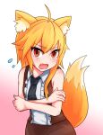  1girl animal_ear_fluff animal_ears asymmetrical_hair bangs bare_shoulders black_necktie blonde_hair blush breasts brown_eyes brown_skirt brown_vest collared_shirt commentary_request cookie_(touhou) cowboy_shot eyebrows_visible_through_hair fang flying_sweatdrops fox_ears fox_girl fox_tail highres long_hair looking_at_viewer miramikaru_riran necktie open_mouth pink_background shirt short_sleeves sidelocks skirt sleeveless sleeveless_shirt small_breasts solo tail vest white_shirt yan_pai 