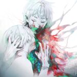  2boys absurdres androgynous bangs biting blood blood_on_face blood_on_hands cannibalism closed_eyes colorful commentary_request from_side gradient gradient_background hand_in_another&#039;s_hair hand_up highres kaneki_ken koujima_shikasa long_sleeves male_focus multiple_boys nagachika_hideyoshi shirt short_hair simple_background tokyo_ghoul upper_body white_background 