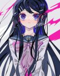  1girl bangs black_hair blue_eyes blue_hair blush bow closed_mouth collarbone colored_inner_hair commentary danganronpa:_trigger_happy_havoc danganronpa_(series) english_commentary grey_background grey_shirt hair_ornament hairclip highres long_hair long_sleeves looking_at_viewer maizono_sayaka multicolored_hair osshouri55 pink_neckwear sailor_collar school_uniform serafuku shirt signature simple_background solo upper_body v_arms very_long_hair 