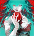  1girl apple bandages bangs biting blood blood_on_hands commentary_request eto_(tokyo_ghoul) fangs food fruit green_eyes green_hair hair_between_eyes hand_up heterochromia highres koujima_shikasa lips long_hair messy_hair open_mouth red_background red_eyes shiny shiny_hair solo teeth tokyo_ghoul tokyo_ghoul:re 