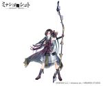  1girl arrow_(projectile) bangs bare_shoulders black_footwear black_gloves black_hair black_kimono bow bow_(weapon) character_request closed_mouth commentary_request elbow_gloves eyebrows_visible_through_hair fingerless_gloves fringe_trim full_body gloves gradient_hair hand_on_hip highres holding holding_bow_(weapon) holding_weapon japanese_clothes kimono long_hair looking_at_viewer multicolored_hair official_art orphans_order parted_bangs pleated_skirt purple_bow purple_eyes purple_hair purple_legwear quiver ryuuki_(hydrangea) simple_background skirt sleeveless sleeveless_kimono socks solo striped striped_bow tabi very_long_hair watermark weapon white_background white_skirt yumi_(bow) zouri 