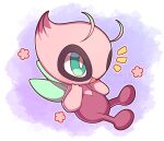  alternate_color artist_name celebi floral_print full_body green_eyes hands_up highres no_humans notice_lines open_mouth outline pink_background pokemon pokemon_(creature) purple_background sevi_(seviyummy) shiny_pokemon smile watermark white_background white_outline wings 