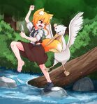  1girl anger_vein animal_ear_fluff animal_ears asymmetrical_hair bangs barefoot bird black_footwear black_necktie blonde_hair brown_skirt brown_vest bush collared_shirt commentary_request cookie_(touhou) eyebrows_visible_through_hair feathers fighting forest fox_ears fox_girl fox_tail full_body head_bump highres holding holding_feather log medium_hair miramikaru_riran nature necktie open_mouth outdoors pelican red_eyes river rock shirt shoes short_sleeves sidelocks single_shoe skirt tail tree vest water white_shirt yan_pai 