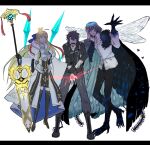  1girl 2boys ahoge artoria_pendragon_(caster)_(fate) artoria_pendragon_(fate) black_gloves black_hair blonde_hair blood blood_on_face boots cape command_spell crown fate/grand_order fate_(series) fujimaru_ritsuka_(male) gloves glowing glowing_eyes highres insect_wings marmyadose_(fate) multiple_boys nesui_sui oberon_(fate) polar_chaldea_uniform silver_hair spoilers staff thigh_boots thighhighs white_background wings 