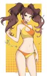  1girl bangs bikini breasts brown_hair cleavage cleavage_cutout clothing_cutout earrings fingernails hand_in_hair highres jewelry kujikawa_rise legs long_fingernails milka_(milk4ppl) navel open_mouth orange_background pale_skin persona persona_4 swimsuit twintails water_drop 