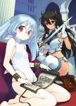  2girls aquaplus bangs black_hair blue_eyes bou breasts dungeon_travelers_2 expressionless grisherina_efleanor hair_between_eyes holding holding_scroll holding_sword holding_weapon indoors kunai large_breasts leotard light_blue_hair long_bangs long_hair multiple_girls official_art on_stool open_mouth photoshop_(medium) rimless_eyewear round_eyewear scroll sitting sword thighhighs tsurara_(dungeon_travelers_2) weapon white_leotard wristband 