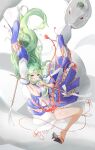  1girl adapted_costume arm_up armpits bangs blush breasts commentary_request detached_sleeves eyebrows_visible_through_hair floating floating_hair frog_hair_ornament full_body gohei green_eyes green_hair grin hair_ornament hair_tubes highres holding holding_stick kochiya_sanae long_hair long_sleeves looking_at_viewer medium_breasts mishaguji sefushi sideboob simple_background skirt smile snake solo stick touhou very_long_hair white_background white_skirt wide_sleeves 