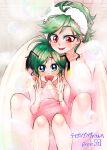  2girls antennae areolae bangs bath blush breasts bubble commission feet_out_of_frame flat_chest green_eyes green_hair highres kazami_yuuka large_breasts looking_at_viewer multiple_girls open_mouth red_eyes short_hair skeb_commission smile tokatokato touhou towel towel_around_waist towel_on_head wriggle_nightbug yuri 