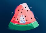  absurdres artist_name black_background blue_dress bunny dress food fruit highres meyoco no_humans original simple_background sparkle watermelon watermelon_seeds watermelon_slice 