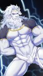  1boy abs absurdres arms_behind_back bara bare_pectorals beard blue_sclera bulge colored_sclera facial_hair fate/grand_order fate_(series) feet_out_of_frame hair_intakes highres large_pectorals lightning loincloth long_hair looking_at_viewer male_focus male_pubic_hair mature_male minghecanyue muscular muscular_male navel navel_hair nipples old old_man pale_skin pectorals penis penis_peek pubic_hair shrug_(clothing) solo spread_legs stomach thick_thighs thighs very_long_hair white_hair zeus_(fate) 
